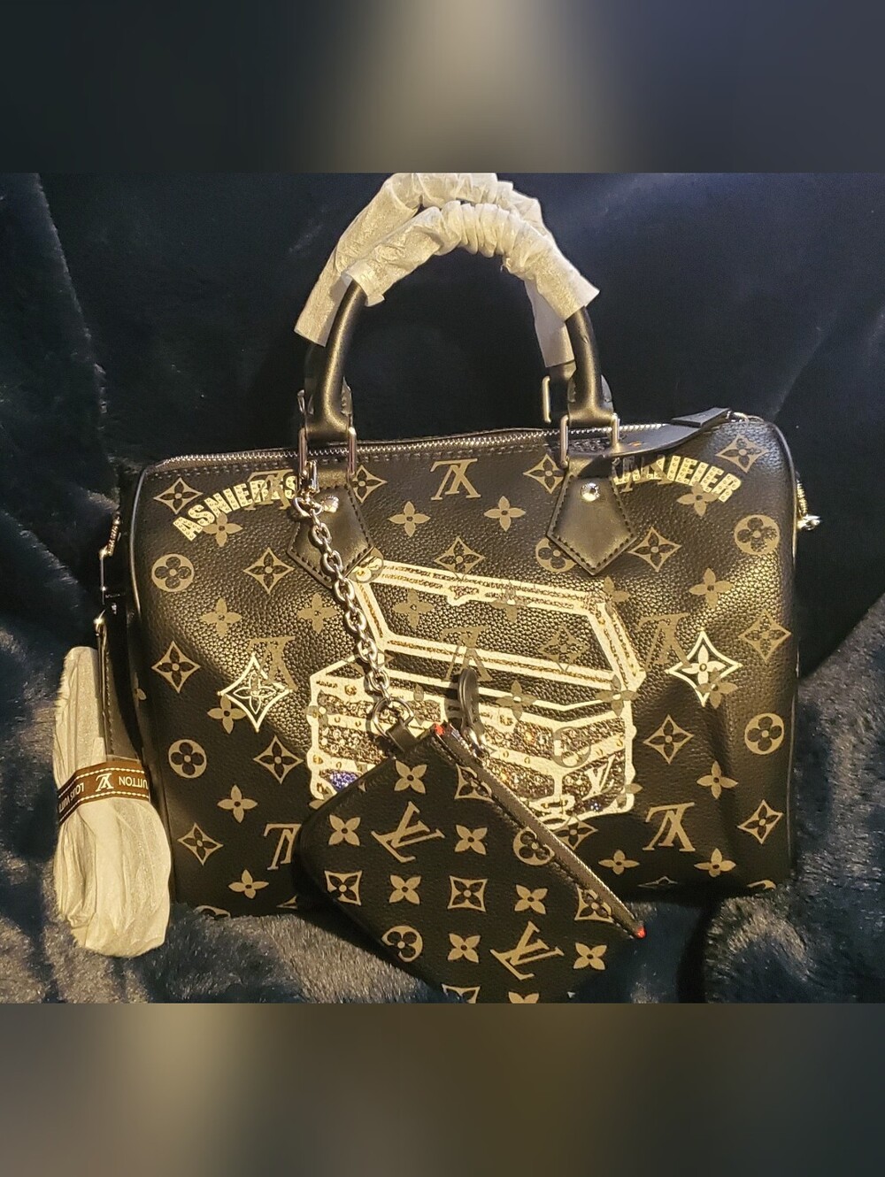 Monogram Print Black Satchel with Trunk Graphic and Chain Pouch